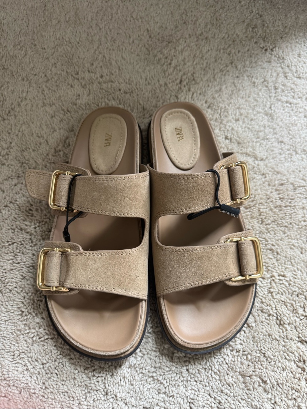 Zara Tan Suede Double-Buckle Slide Sandals with Gold Buckles